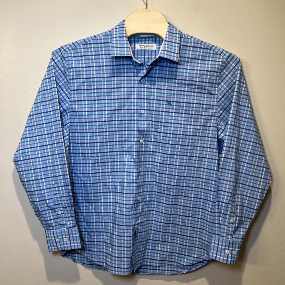 Tommy Bahama Men's Long Sleeve Shirt‎ Sarasota Stretch Men's XL Plaid Blue